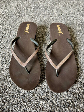 Reef Krystal Star Womens Flip Flop Thong Platform Wedge Brown Sparkle Straps 11